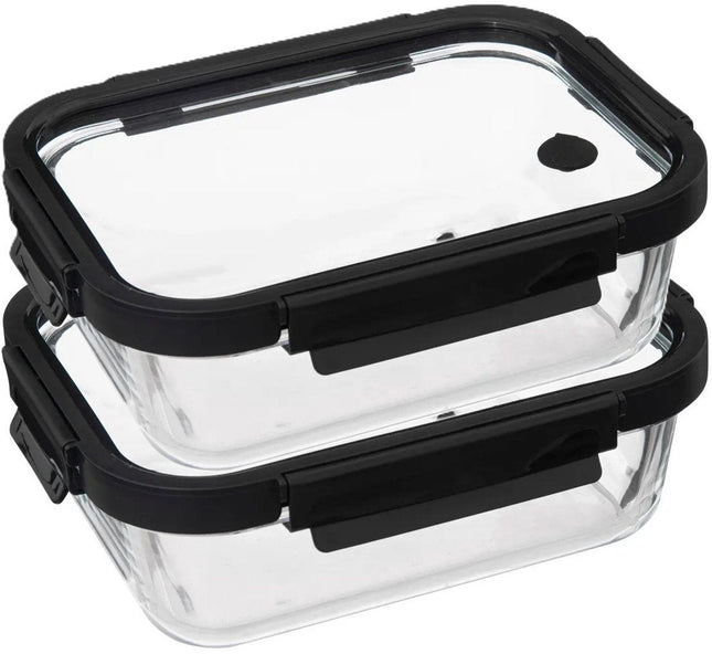 5Five Boîte de conservation avec couvercle - 2x - verre - hermétique - avec clips - 23 x 18 x 8 cm - 1300 ml - noir/transparent