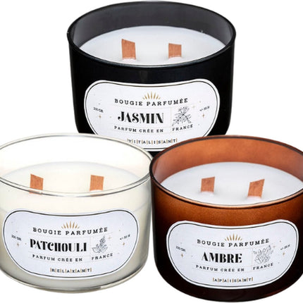 Coffret Cadeau de 3 Bougies Parfumées de Luxe – Patchouli, Ambre et Jasmin – Mèche en Bois Crépitante