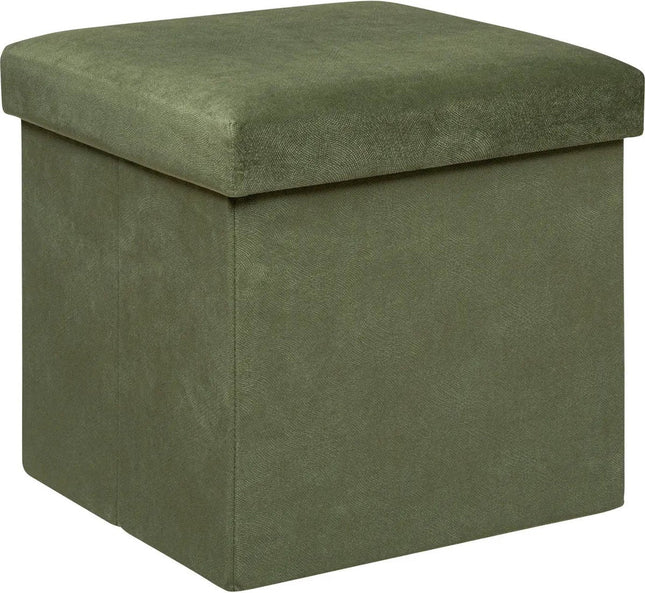 Atmosphera Pouf/Tabouret/Repose-pieds Amber - Boîte de rangement pliante - Velours Vert sapin - D38 x H38 cm - MDF/Polyester