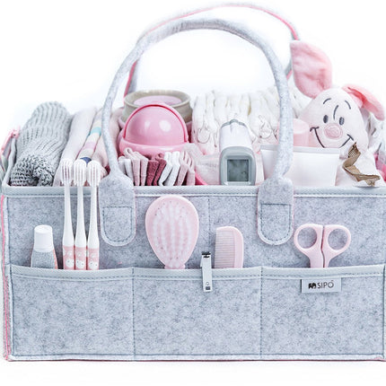 SIPO Panier de Rangement Organisateur pour Couches - Panier de Rangement pour Accessoires de Bébé - Caddy en Feutre Gris avec Poignée - 3 Compartiments + 8 Poches - Gris / Rose - Sac de Table à Langer - Organisateur de Table à Langer