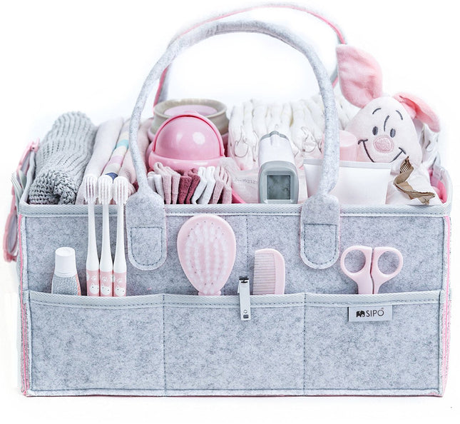 SIPO Panier de Rangement Organisateur pour Couches - Panier de Rangement pour Accessoires de Bébé - Caddy en Feutre Gris avec Poignée - 3 Compartiments + 8 Poches - Gris / Rose - Sac de Table à Langer - Organisateur de Table à Langer