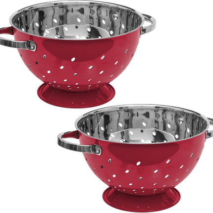 Lot de 2 passoires sur pied rouge/argent 25 x 16 cm en acier inoxydable - Passoies de cuisine