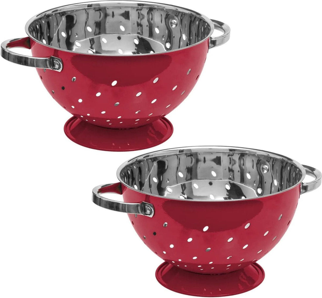 Set van 2x stuks vergiet/zeef op voet rood/zilver 25 x 16 cm van RVS - Keukenvergieten