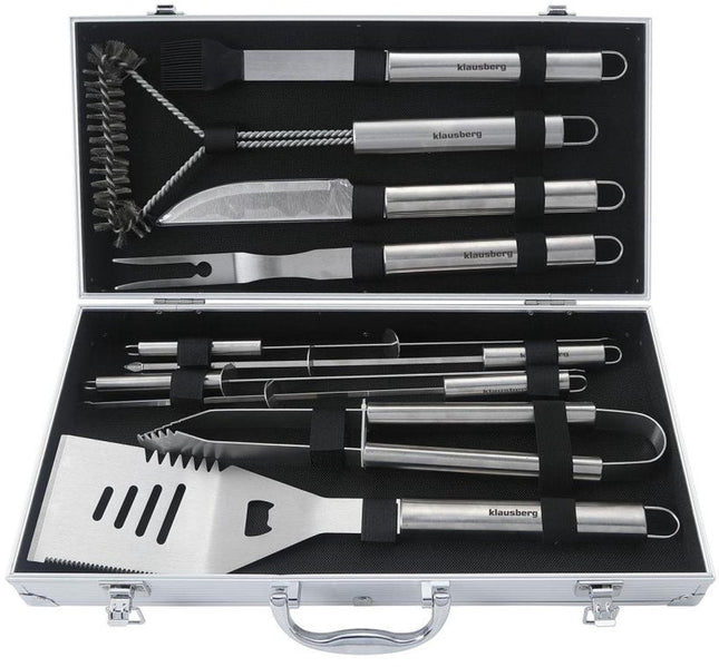 Klausberg KB-7901 Set de Barbecue – 10 accessoires de grillade dans un étui de rangement (acier inoxydable, complet) - Pince de barbecue - Coffret cadeau - Set de barbecue - Kamado / Barbecue à gaz