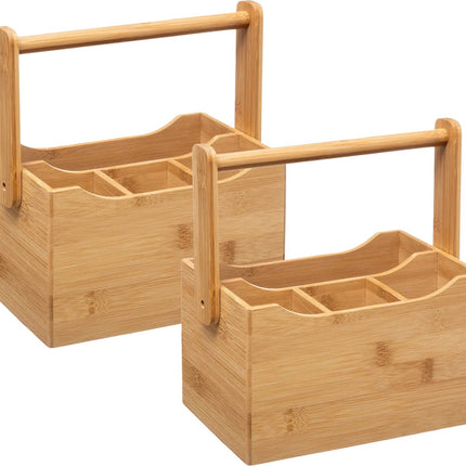 5Five Égouttoir à couverts / Organiseur d'ustensiles de cuisine - 2x - 20 x 14 x 24 cm - bois de bambou - avec poignée