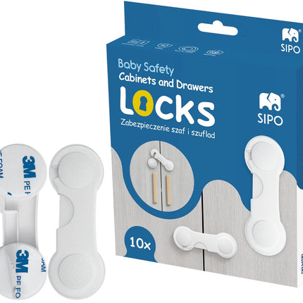 SIPO Sécurité de Meubles Set 10 pièces - Serrure de Sécurité Enfant pour Armoires et Tiroirs - Plastique ABS Blanc Auto-adhésif - Verrou de Porte de Sécurité