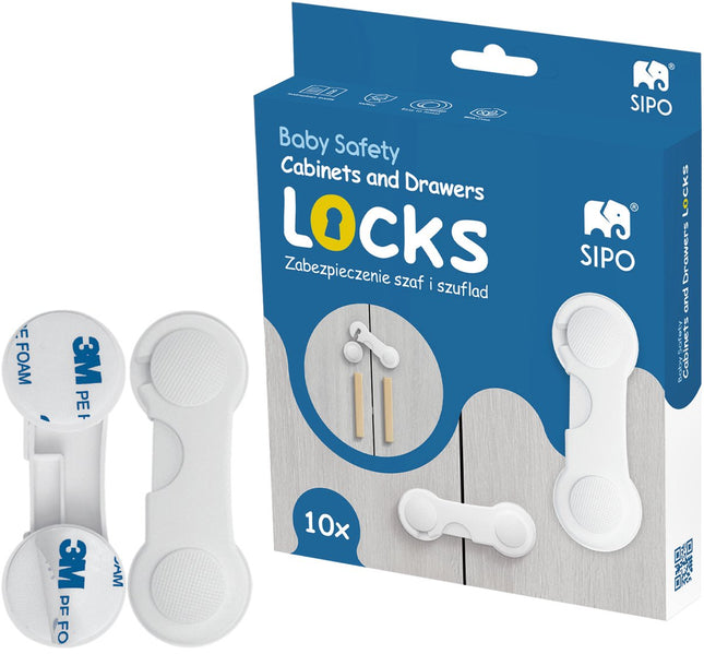 SIPO Sécurité de Meubles Set 10 pièces - Serrure de Sécurité Enfant pour Armoires et Tiroirs - Plastique ABS Blanc Auto-adhésif - Verrou de Porte de Sécurité