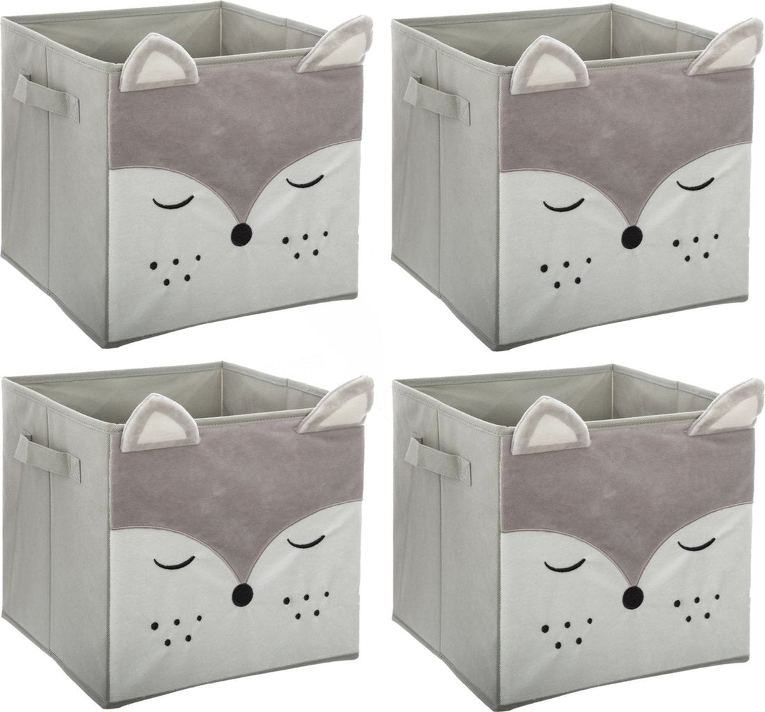 Atmosphera Opbergmand / kastmand vos - 4x - voor kinderen - karton / kunststof - grijs - 30 x 30 cm