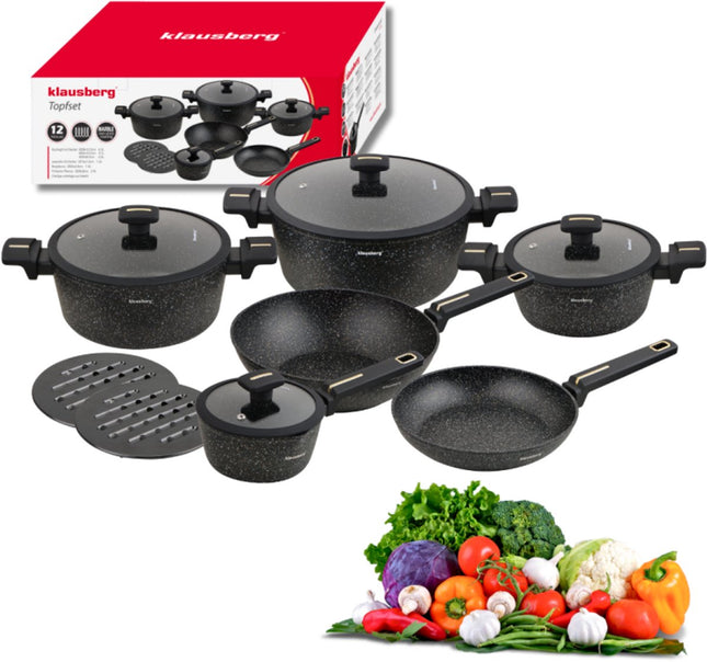 Klausberg KB-7968 Set de casseroles | 12 pièces | Revêtement antiadhésif marbré | Wok inclus | Compatible induction | Set de casseroles | Couvercles en verre