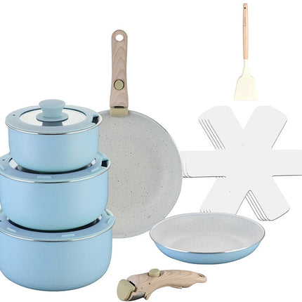 Batterie de Cuisine de Luxe 15 Pièces – Bleu Clair – Antiadhésive Ultime – Avec 2 Poignées, Protections de Casseroles et Spatule en Silicone