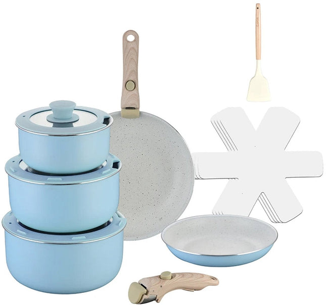 Batterie de Cuisine de Luxe 15 Pièces – Bleu Clair – Antiadhésive Ultime – Avec 2 Poignées, Protections de Casseroles et Spatule en Silicone