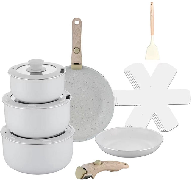 Batterie de cuisine de luxe 15 pièces – Blanc élégant – Antiadhésive ultra – Avec 2 poignées amovibles en bois, des protecteurs de poêle et une spatule en silicone