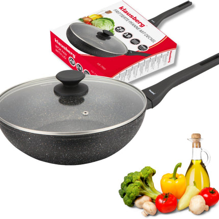 Klausberg Wok 28 cm avec Couvercle – Revêtement Antiadhésif Marbre – 3.9L – Compatible Induction – Wok Aluminium – Avec Couvercle en Verre – KB-7990