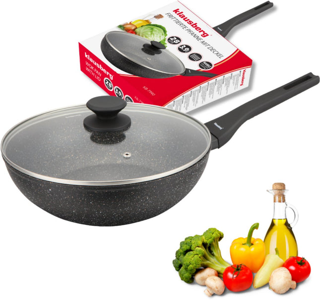 Klausberg Wok 28 cm avec Couvercle – Revêtement Antiadhésif Marbre – 3.9L – Compatible Induction – Wok Aluminium – Avec Couvercle en Verre – KB-7990
