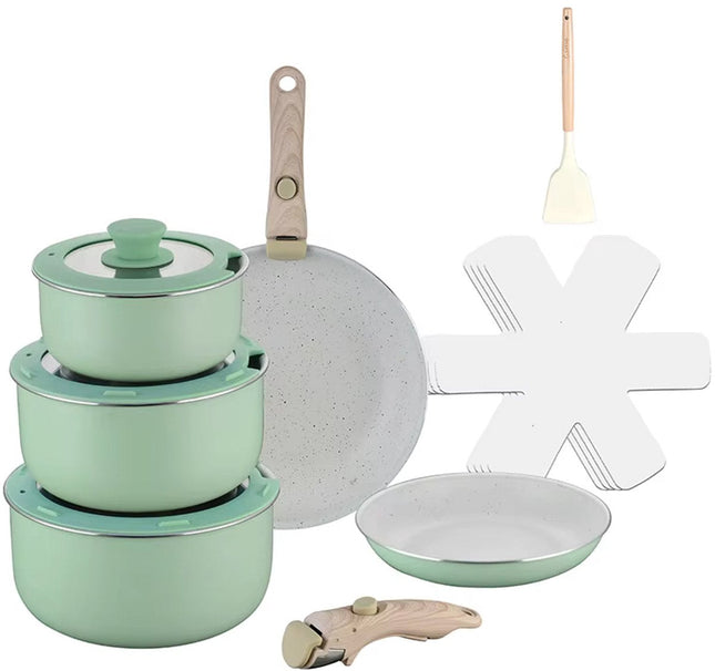 Batterie de cuisine 15 pièces – Vert clair doux – Ultra antiadhésive – 2 poignées en bois amovibles – Compatible tous feux
