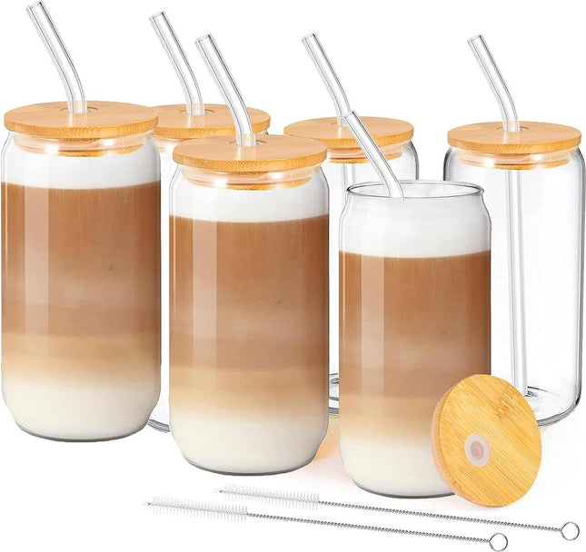 Lot de 6 verres à boire avec couvercles et pailles - Idéal pour l'eau, les cocktails, le whisky, les sodas - Verres à café glacé de 500 ml - Verres en forme de canette - Verres à cocktail en forme de canette de bière, moule à glaçons