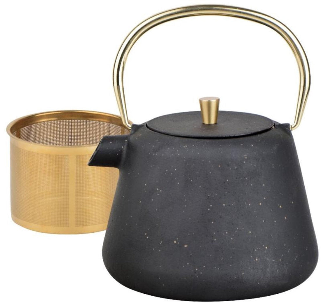 Kinghoff Cast Iron Teapot with Infuser - 1 Liter - Black with Gold Accents - Model KH1932