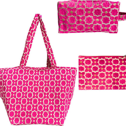 Set van 3 Luxe Handgemaakte Marokkaanse Tassen - Shopper, Toilettas & Make-uptas met Zellig en Geometrische Patronen - Roze