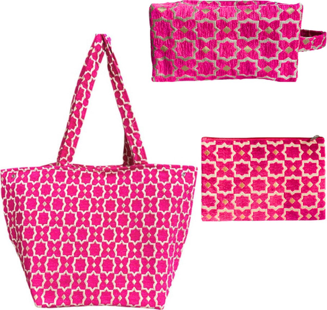 Set of 3 Luxury Handmade Moroccan Bags - Shopper, Toiletry Bag & Makeup Bag with Zellige and Geometric Patterns - Pink