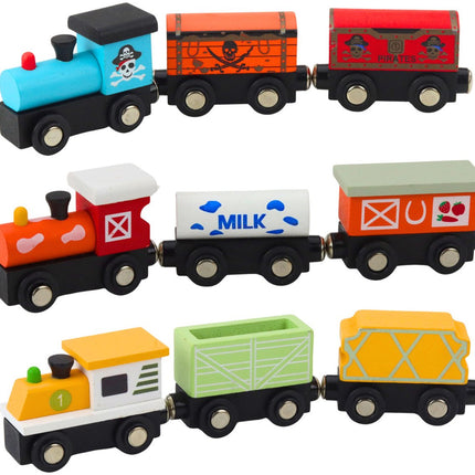 Jouet de train en bois magnétique - 3 locomotives + 6 wagons avec boîte de rangement - Compatible avec les rails en bois