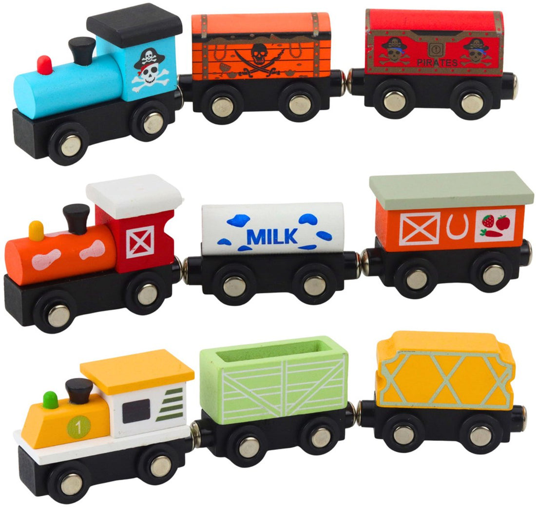 Wooden Train Toy Magnetic - 3 Locomotives + 6 Carriages with Storage Box - Compatible with Wooden Tracks
