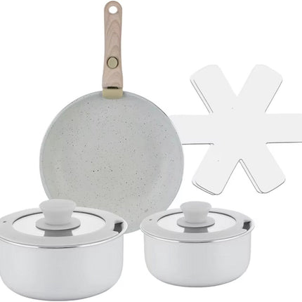 Batterie de Cuisine 8 Pièces – Blanc Élégant – Revêtement Antiadhésif Ultra Performant avec Poignée en Bois Amovible – Compatible Tous Feux