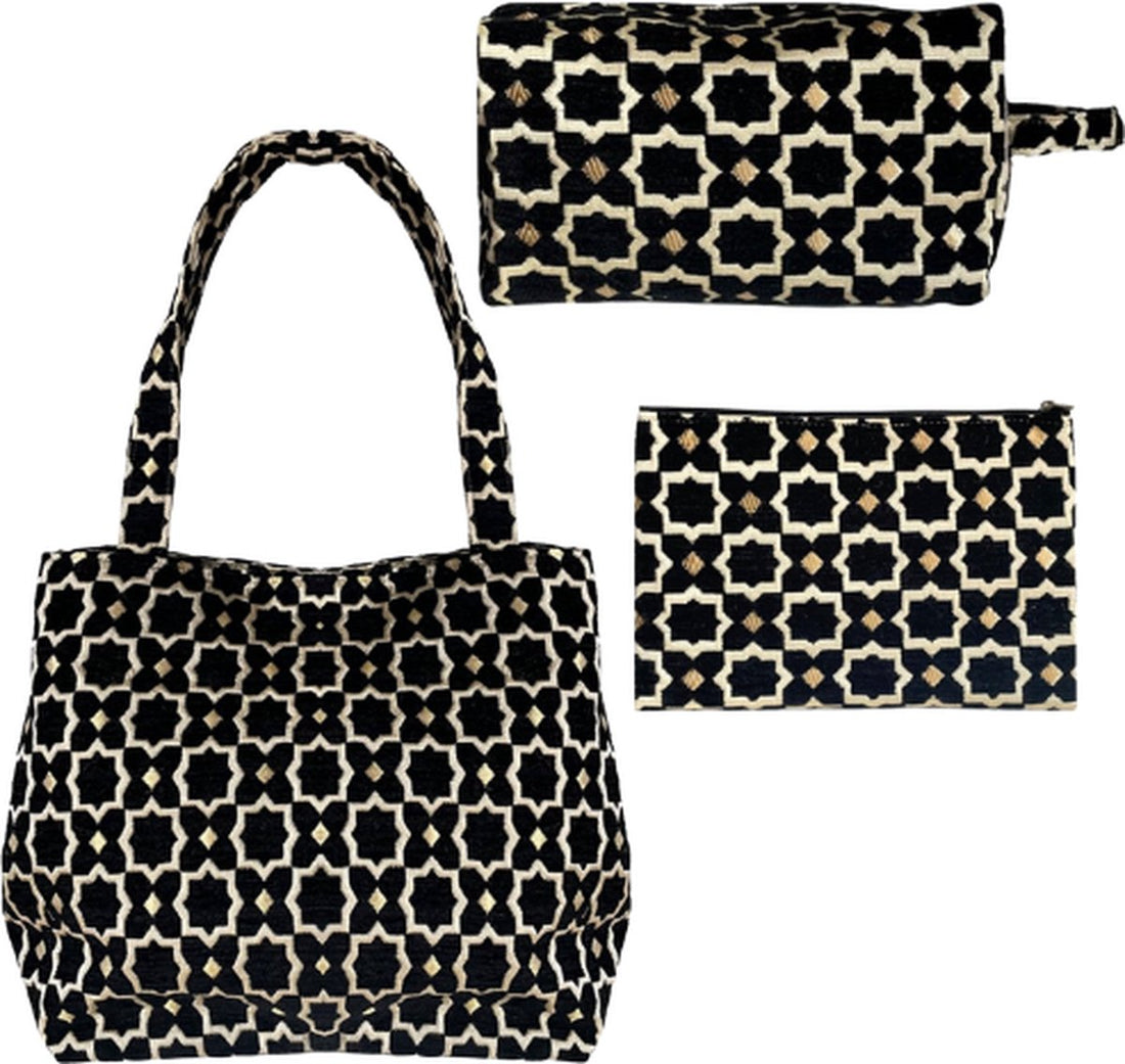 Set of 3 Luxury Handmade Moroccan Bags - Shopper, Toiletry Bag & Makeup Bag with Zellige and Geometric Patterns - Black