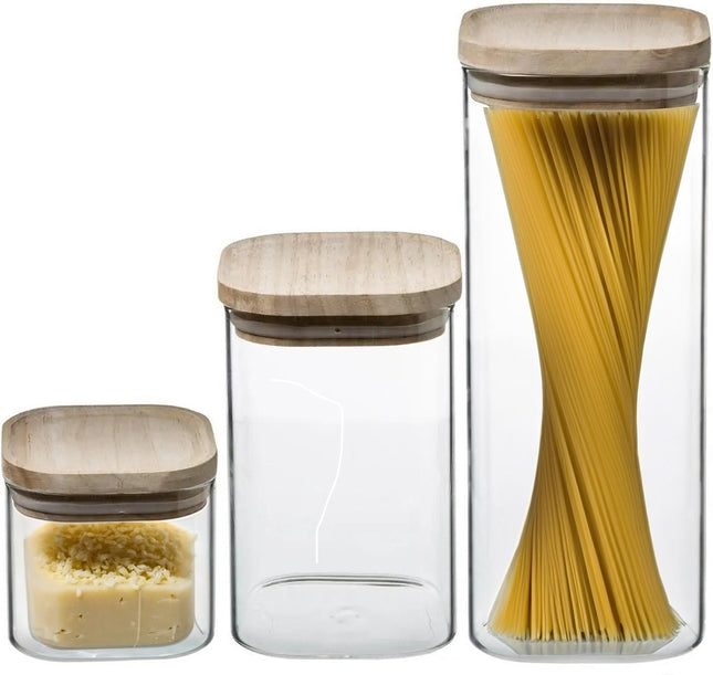 Lot de 3 bocaux/pots de conservation en verre avec couvercle en bois - 500 ml - 1000 ml - 1800 ml - Pots de conservation avec couvercle hermétique