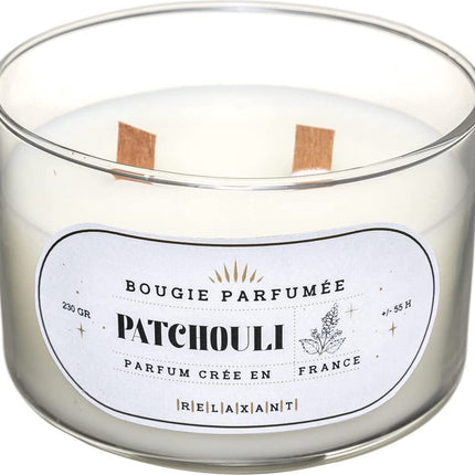 bougie parfumée en verre, 470 g, parfum patchouli - Mèche en bois - Mèche crépitante - Bougie