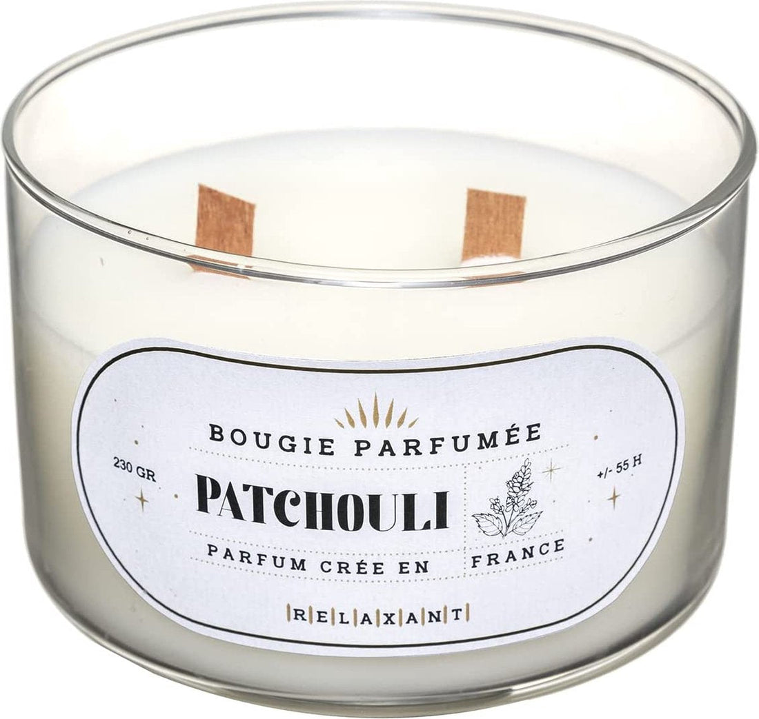 Duftkerze im Glas, 470 g, Duft Patchouli – Holzdocht – Knisterdocht – Kerze