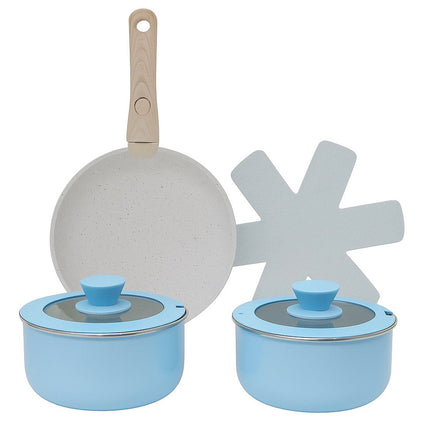 Batterie de cuisine de luxe 5 pièces – Bleu clair – Avec poignée en bois interchangeable, couvercle en verre et protections de casseroles – Convient à toutes les sources de chaleur