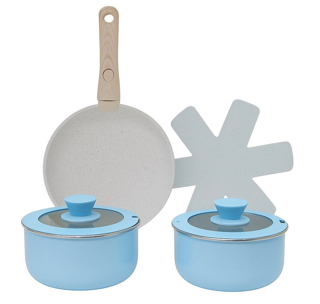 Batterie de cuisine de luxe 5 pièces – Bleu clair – Avec poignée en bois interchangeable, couvercle en verre et protections de casseroles – Convient à toutes les sources de chaleur