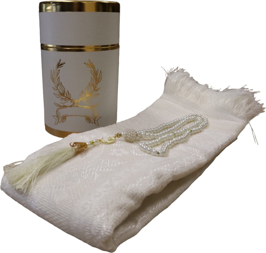 Cylinder Box Gift Set Gold with Prayer Mat and Tasbeeh