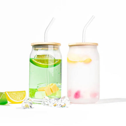 Verres durables avec couvercles en bambou et pailles en verre – Lot de 2 – Incl. brosses de nettoyage – Convient pour café glacé et bubble tea