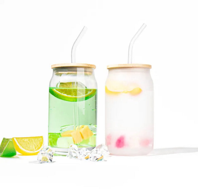 Verres durables avec couvercles en bambou et pailles en verre – Lot de 2 – Incl. brosses de nettoyage – Convient pour café glacé et bubble tea