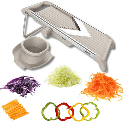 KINGHOFF KH-2006 Coupe-légumes – Mandoline à lame en V avec julienne 5 mm – Épaisseur réglable – Lame en acier inoxydable – Support de sécurité inclus – Beige