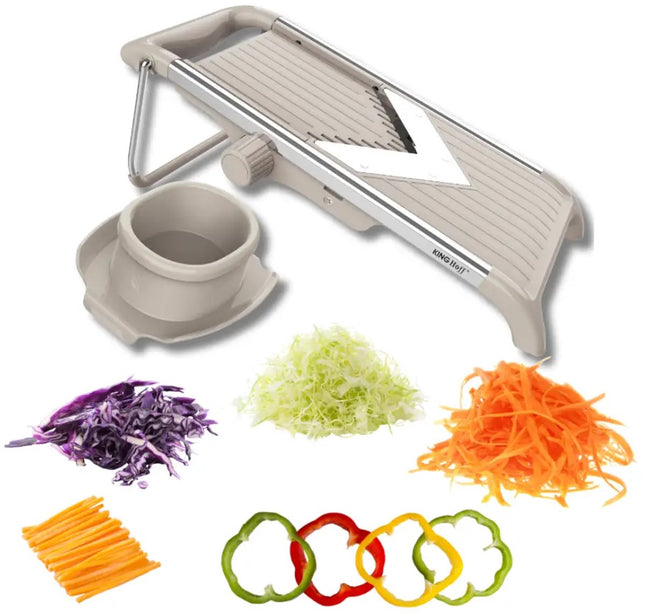 KINGHOFF KH-2006 Coupe-légumes – Mandoline à lame en V avec julienne 5 mm – Épaisseur réglable – Lame en acier inoxydable – Support de sécurité inclus – Beige
