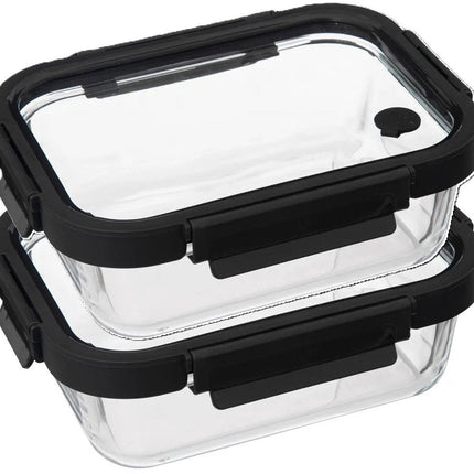 5Five Vershoudbakje met deksel - 2x - glas - luchtdicht - met clips - 21 x 17 x 7 cm - 900 ml - zwart/transparant