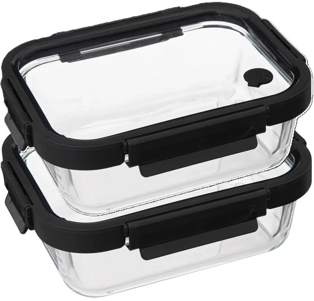 5Five Food storage container with lid - 2x - glass - airtight - with clips - 21 x 17 x 7 cm - 900 ml - black / transparent
