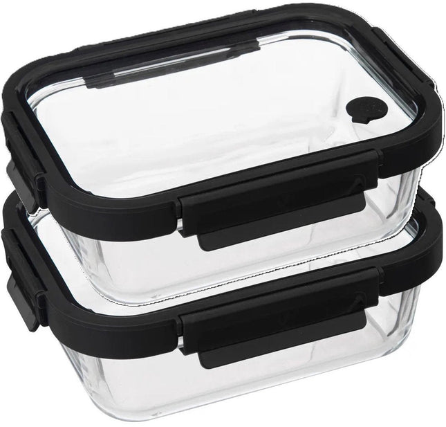5Five Vershoudbakje met deksel - 2x - glas - luchtdicht - met clips - 21 x 17 x 7 cm - 900 ml - zwart/transparant