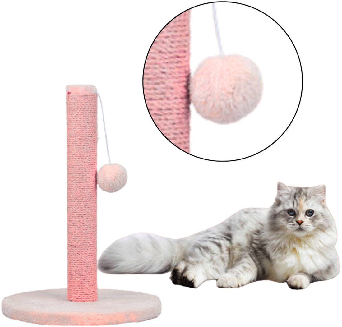 Krabpaal roze, 40 cm – lage krabpaal met sisal en hangend pompon-speeltje