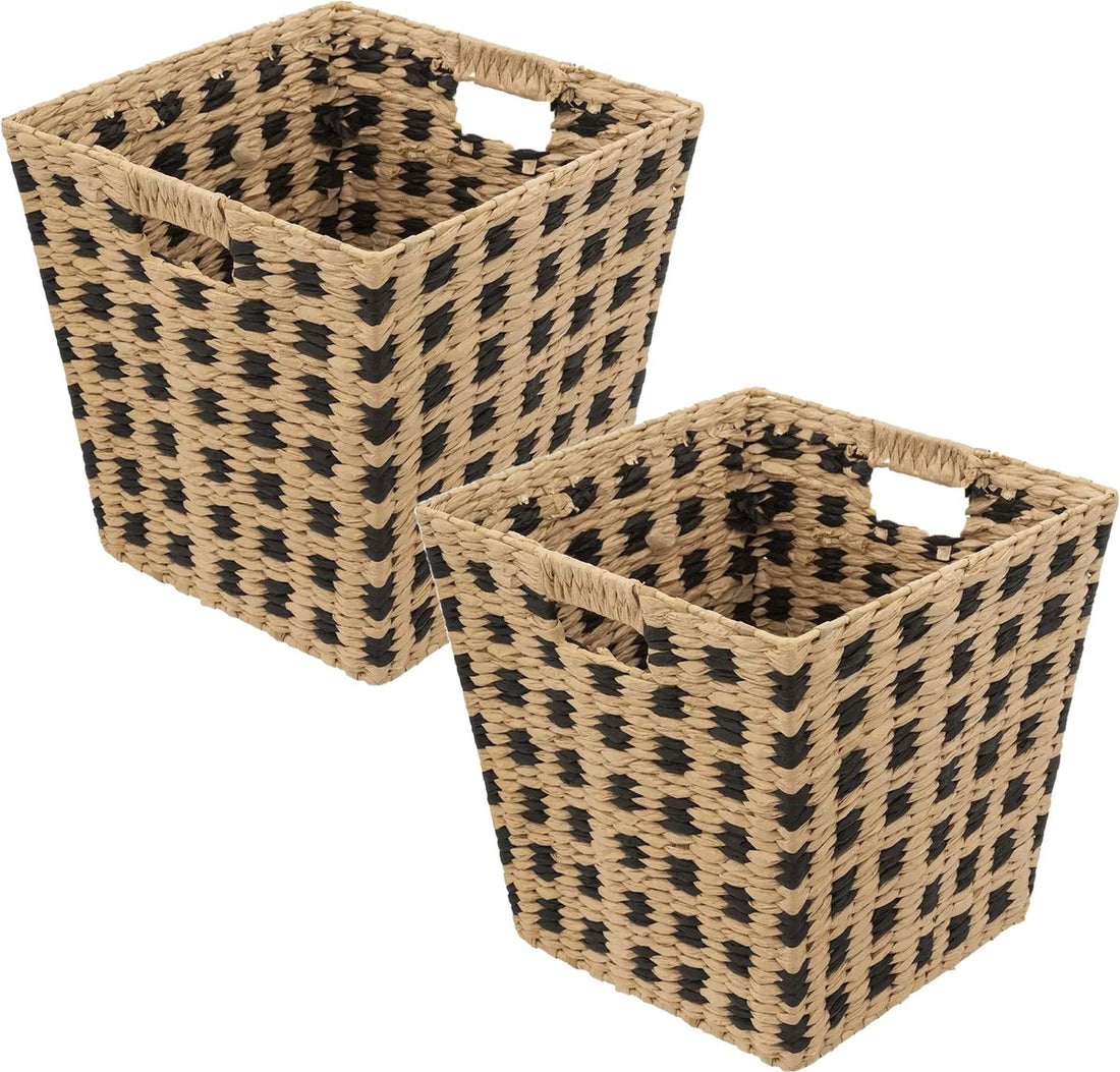 Woven wicker storage basket - 4x - square - beige/black - 31x31x31 cm - Closet/bathroom baskets