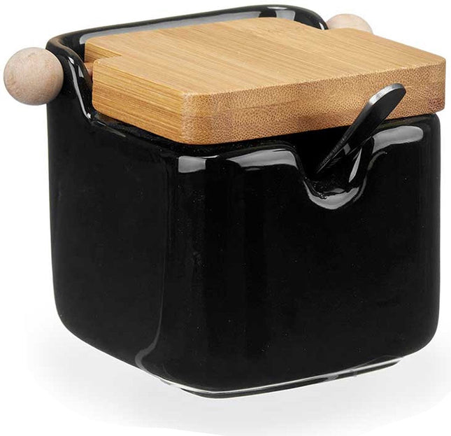 Kinvara Sucrier avec couvercle - noir - 190 ml - porcelaine - bambou - 7,5 x 11 x 7,5 cm