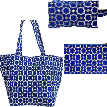 Set van 3 Luxe Handgemaakte Marokkaanse Tassen - Shopper, Toilettas & Make-uptas met Zellig en Geometrische Patronen - Blauw