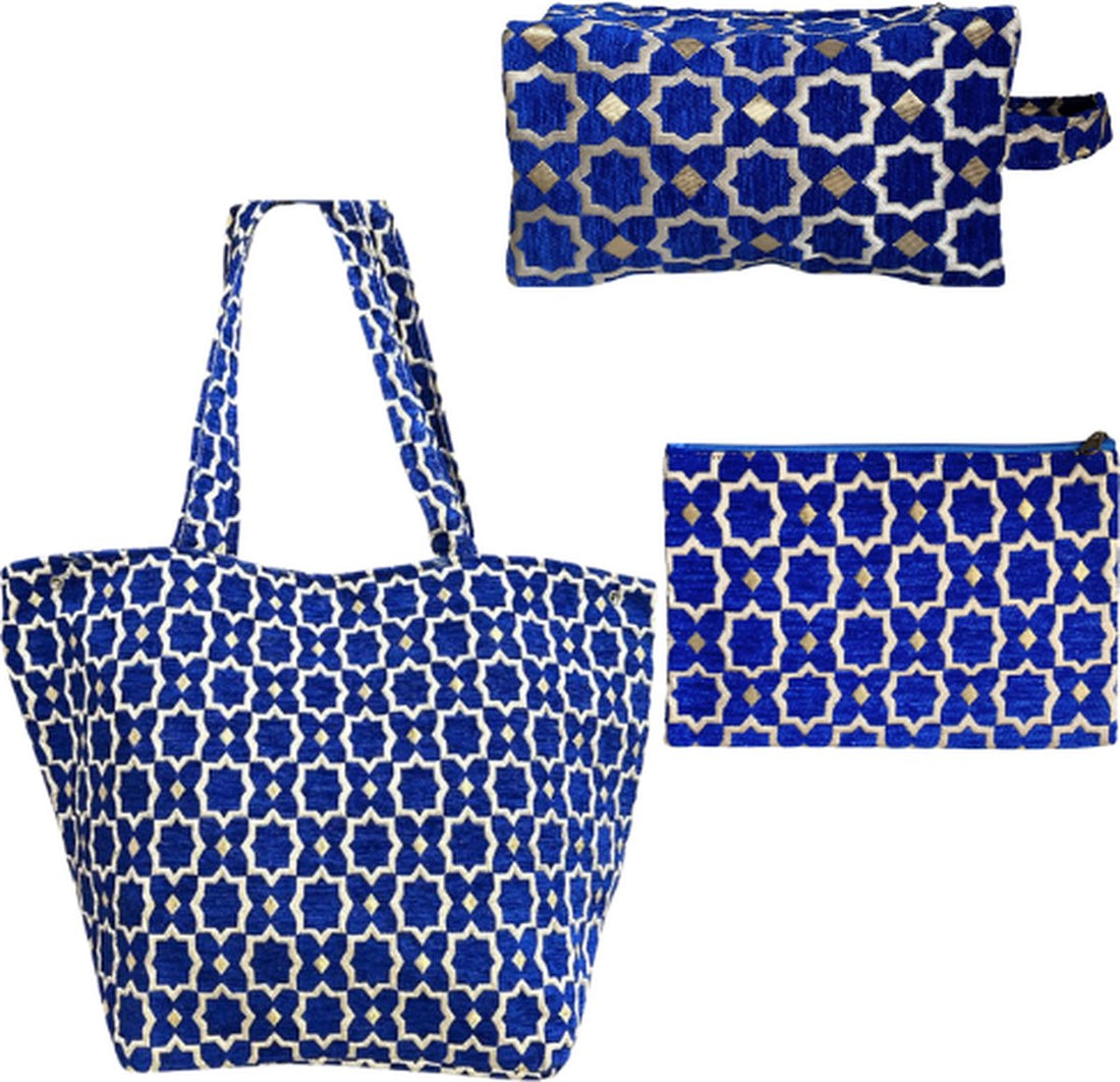 Set van 3 Luxe Handgemaakte Marokkaanse Tassen - Shopper, Toilettas & Make-uptas met Zellig en Geometrische Patronen - Blauw