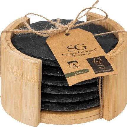 Secret de Gourmet Dessous de Verre - dans un support - 6P - anthracite - ardoise - 10 cm