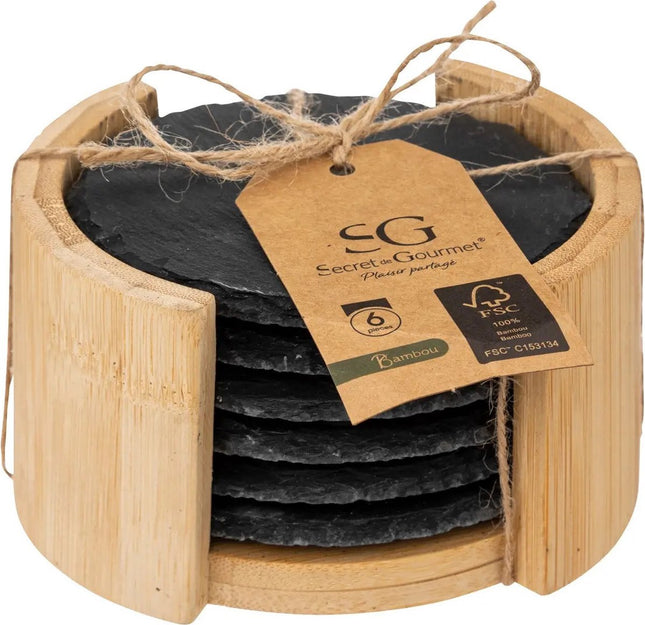Secret de Gourmet Dessous de Verre - dans un support - 6P - anthracite - ardoise - 10 cm