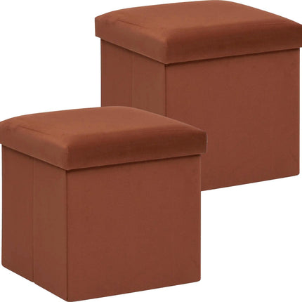 Atmosphera Pouf/tabouret/coffre de rangement pliable Amber - 2 pièces - Velours rouille - D38 x H38 cm - MDF/polyester