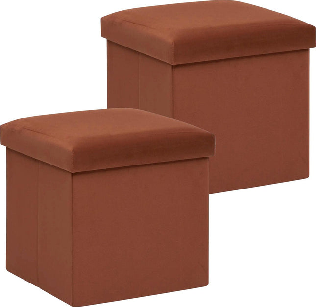 Atmosphera Pouf/tabouret/coffre de rangement pliable Amber - 2 pièces - Velours rouille - D38 x H38 cm - MDF/polyester