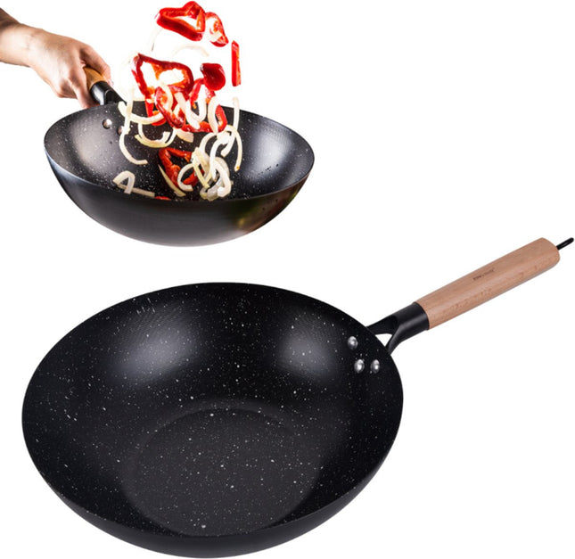 KINGHoff KH1983 Poêle Wok 30 cm - Idéale pour Wok et Sautés - Compatible Tous Feux dont Induction - Manche en Bois - Revêtement Antiadhésif - Wok - Poêle à Frire